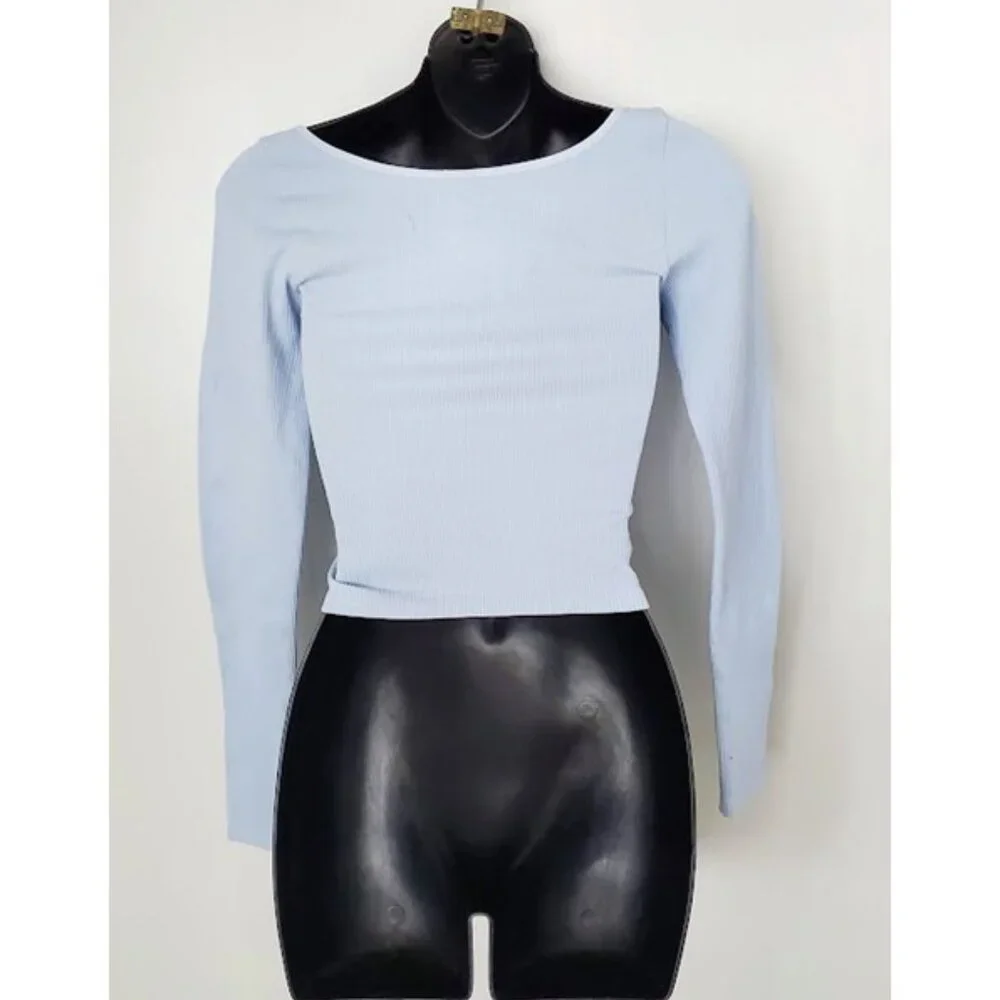 NWT Free People Intimately Light Blue Ribbed Long Sleeve Crop Top Layer Size M/L